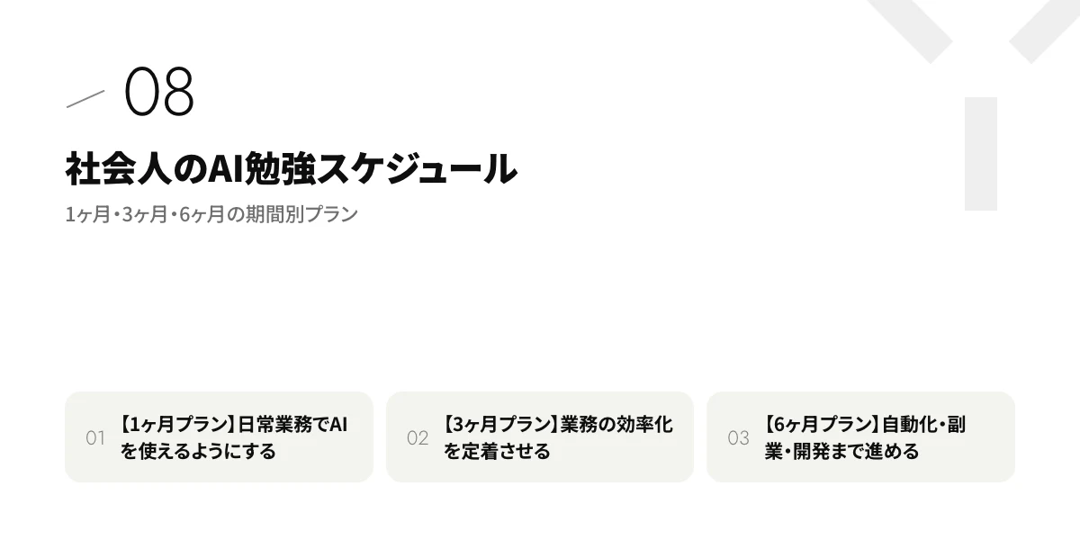 社会人のAI勉強スケジュール|1ヶ月・3ヶ月・6ヶ月の期間別プラン