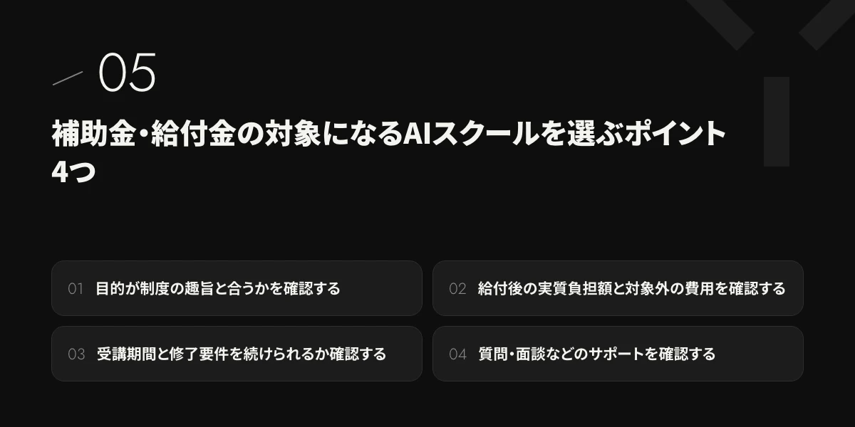 補助金・給付金の対象になるAIスクールを選ぶポイント4つ