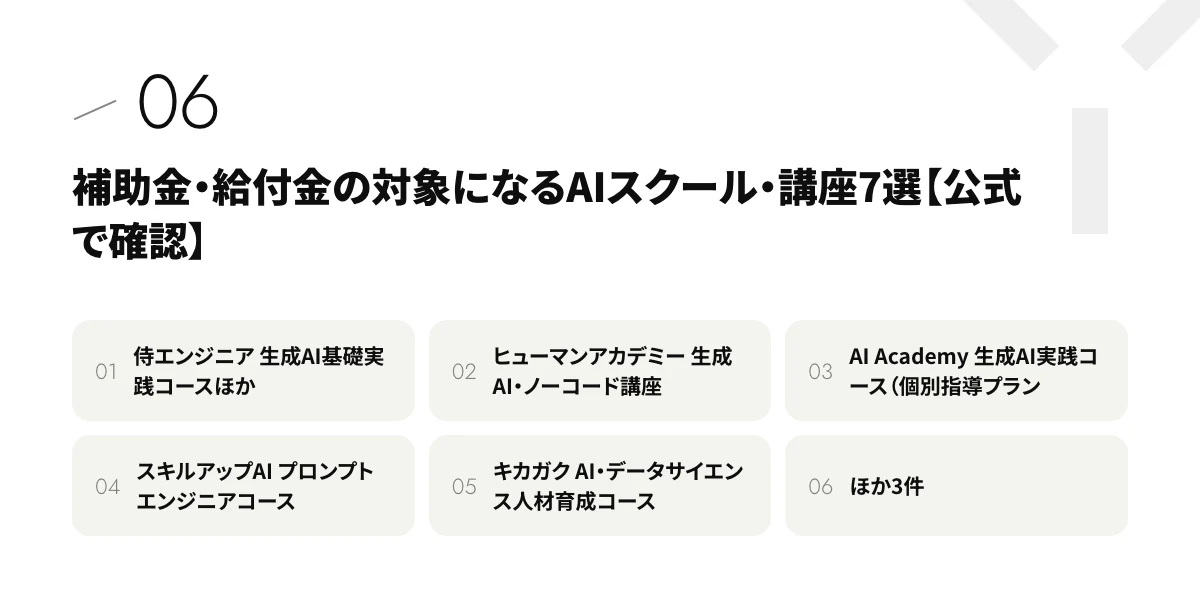 補助金・給付金の対象になるAIスクール・講座7選【公式で確認】